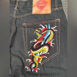 Ed Hardy Black Jeans with Red Skull Embroidery